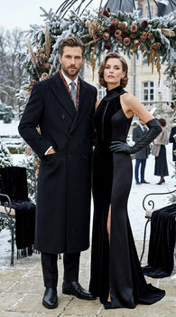 Men’s Black Six Button Fully Lined Overcoat, Long Winter Topcoat for Formal Business Wear