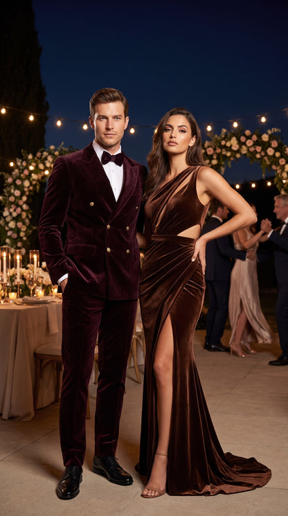 Men’s Rossi Man Zeus Dark Brown Velvet Double Breasted Tuxedo Suit, Formal Wedding Prom Dinner Suit Set