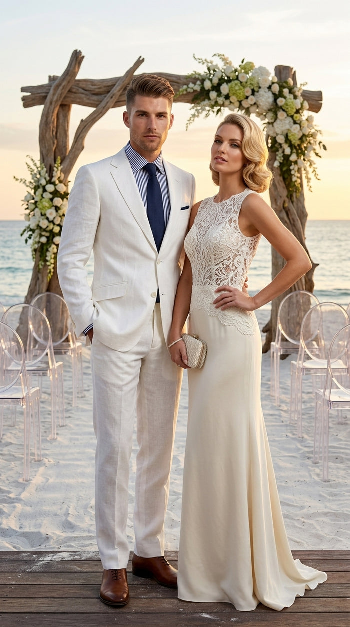 Men’s White Lightweight Linen 2 Button Suit, Formal Wedding Beach Summer Suit Set Modern Fit