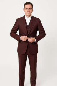 3 Piece Big Peak Lapel Burgundy Suit Vested Wide Leg Pants 1 Button Suit 100% Wool Full Cut Burgundy ~ Wine ~ Vest Maroon Suit