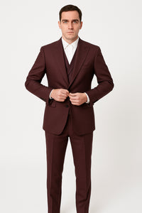 3 Piece Big Peak Lapel Burgundy Suit Vested Wide Leg Pants 1 Button Suit 100% Wool Full Cut Burgundy ~ Wine ~ Vest Maroon Suit