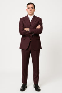 3 Piece Big Peak Lapel Burgundy Suit Vested Wide Leg Pants 1 Button Suit 100% Wool Full Cut Burgundy ~ Wine ~ Vest Maroon Suit