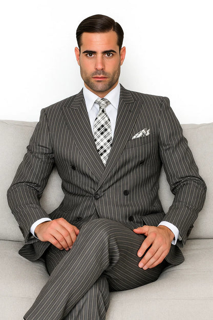  Wool Double Breasted Suit - Bold Pinstripe