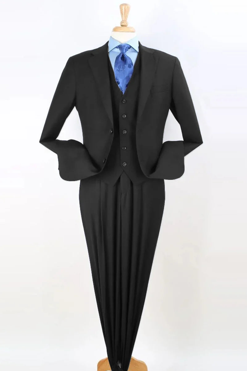 Apollo King Designer Brand Mens Two Button Pleated Pant Classic Fit Vested Suit in Black