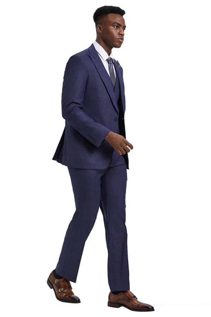 Men's Stacy Adams Vested One Button Wide Peak Lapel Windowpane Plaid Suit in Eggplant Purple - Image 4