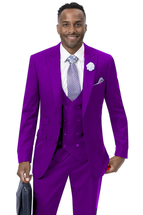 Modern Fit Wide Lapel Suit - Peak Lapel Suit with Double breasted Vest in Black - Navy Blue - Gold - Charcoal - Brown - Purple - Hunter