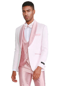 Graduation Suit - Men's One Button Vested Paisley Prom & Wedding Tuxedo with Satin Vest and Pants in Pink