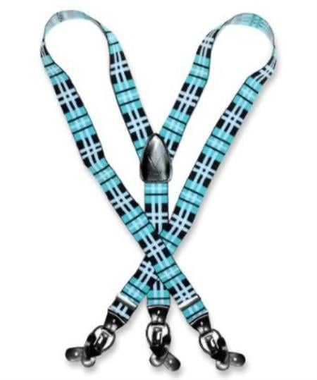 Men'S Design Black Turquoise ~ Light Blue Stage Party White Suspenders For Men Y Shape Elastic Buttons Clips