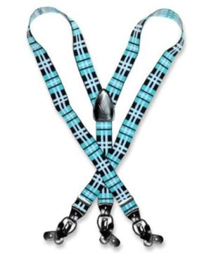 Men'S Design Black Turquoise ~ Light Blue Stage Party White Suspenders For Men Y Shape Elastic Buttons Clips