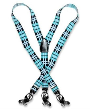 Men'S Design Black Turquoise ~ Light Blue Stage Party White Suspenders For Men Y Shape Elastic Buttons Clips