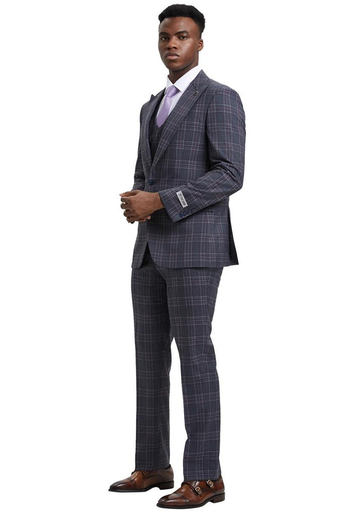 Men's Stacy Adams One Button Peak Lapel Double Breasted Vest Suit in Charcoal Grey Plaid - Image 3
