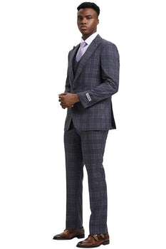 Men's Stacy Adams One Button Peak Lapel Double Breasted Vest Suit in Charcoal Grey Plaid - Image 3