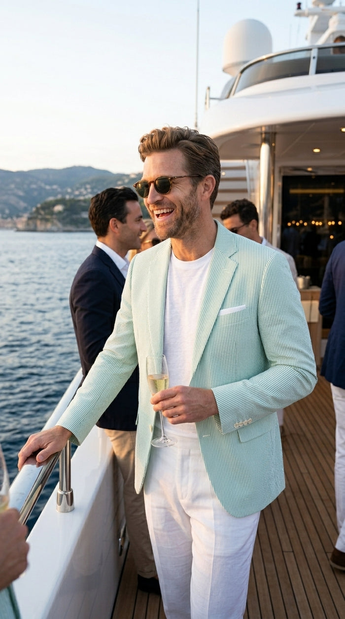 Men’s Green Seersucker Blazer, Lightweight Summer Wedding Business Casual Sport Coat Jacket