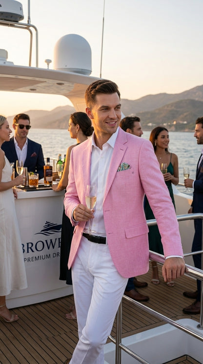Men’s Pink Lightweight Easter Suit, Jacket and Pants Summer Wedding Prom Dress Suit Set