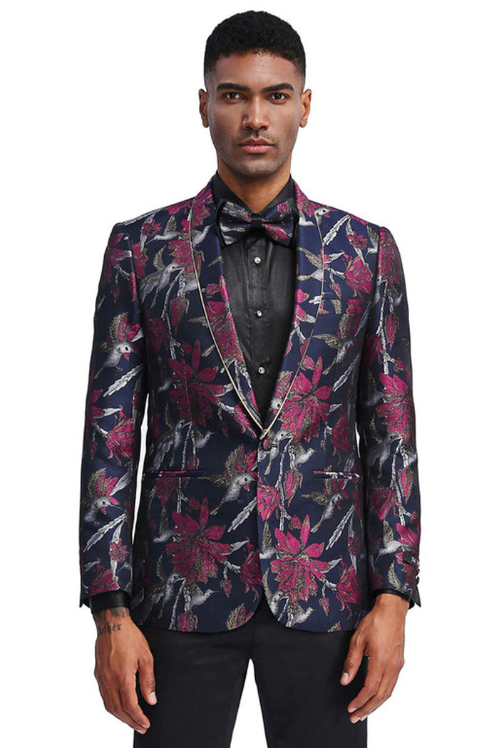Mens Black Blazer - Men's Slim Fit Shawl Lapel Dinner Jacket in Navy & Fucshia Pink Floral Design