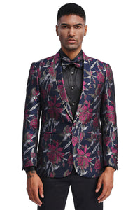 Mens Black Blazer - Men's Slim Fit Shawl Lapel Dinner Jacket in Navy & Fucshia Pink Floral Design