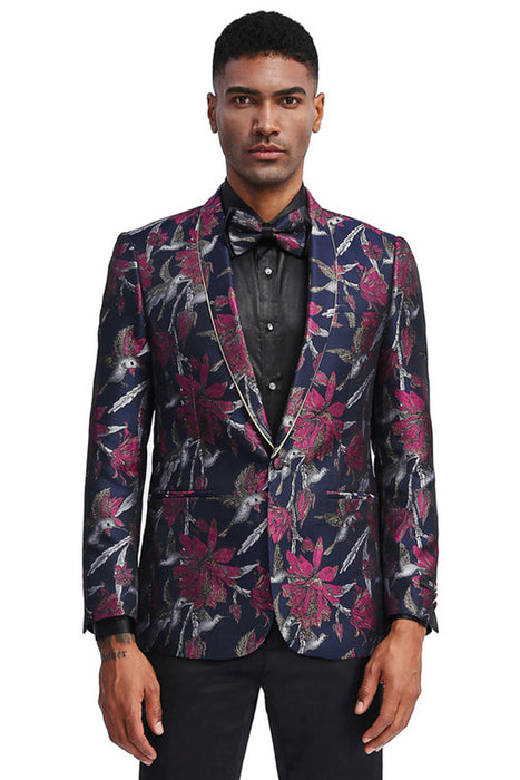 Mens Black Blazer - Men's Slim Fit Shawl Lapel Dinner Jacket in Navy & Fucshia Pink Floral Design