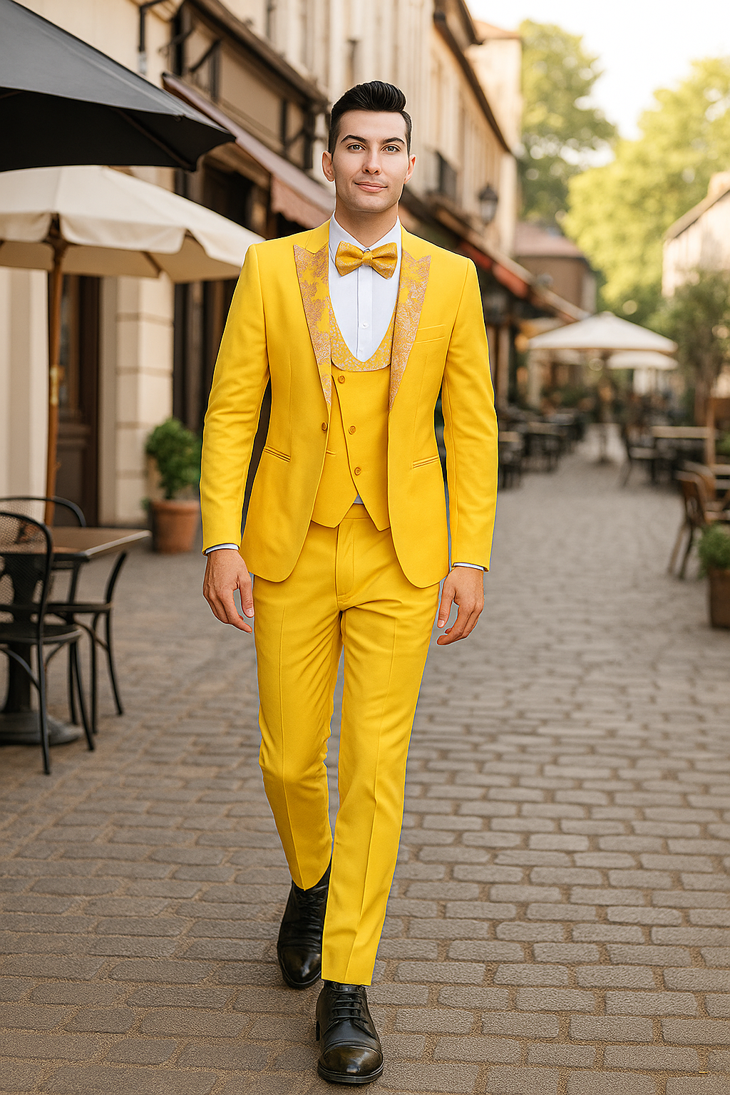 Radiant Golden Bloom Mens 3-Piece Suit with Floral Peak Lapel Modern Fit
