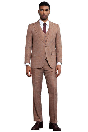 Men's Stacy Adams Vested Sharkskin Weave Pattern Suit in Light Rust - Image 2