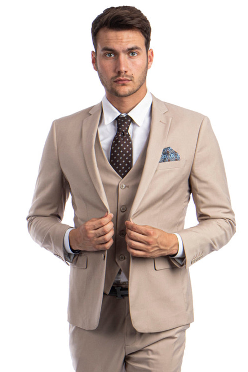 Graduation Suit - Men's Two Button Slim Fit Vested Solid Basic Color Suit in Medium Tan