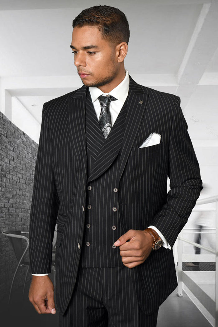 Men's Designer Wool Flat Front Pant Vested Suit in Bold Black Gangster Pinstripe Modern Fit