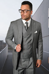 Men's Designer Wool Pleated Pant Vested Suit in Bold Grey Gangster Pinstripe Modern Fit