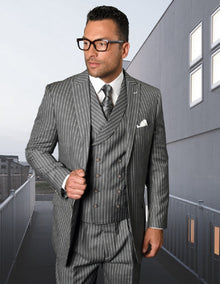 Mens Gangster Pinstripe 2 Button Double Breasted Vest Grey Suit