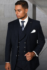 Men's Designer Wool Pleated Pant Vested Suit in Bold Navy Gangster Pinstripe Modern Fit