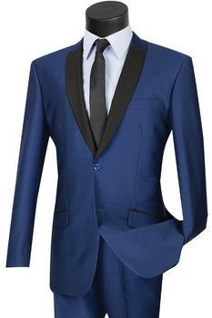 Mens 2 Buttton Slim Contrast Peak Lapel Tuxedo in Navy