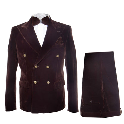 Men’s Rossi Man Zeus Dark Brown Velvet Double Breasted Tuxedo Suit, Formal Wedding Prom Dinner Suit Set