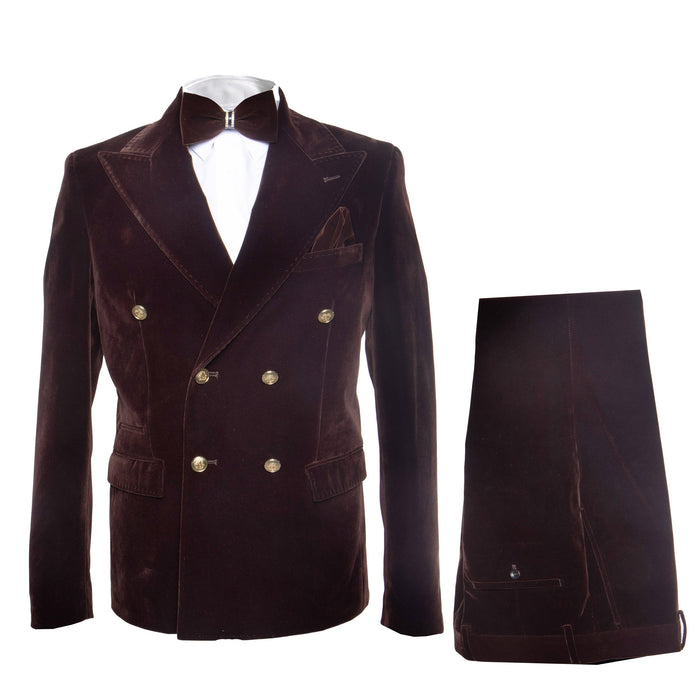 Men’s Rossi Man Zeus Dark Brown Velvet Double Breasted Tuxedo Suit, Formal Wedding Prom Dinner Suit Set