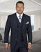 Mens Classic Fit Pleated Pant Wide Peak Lapel Wool Suit with Double Breasted Vest in Navy Pinstripe