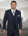 Mens Classic Fit Pleated Pant Wide Peak Lapel Wool Suit with Double Breasted Vest in Navy Pinstripe