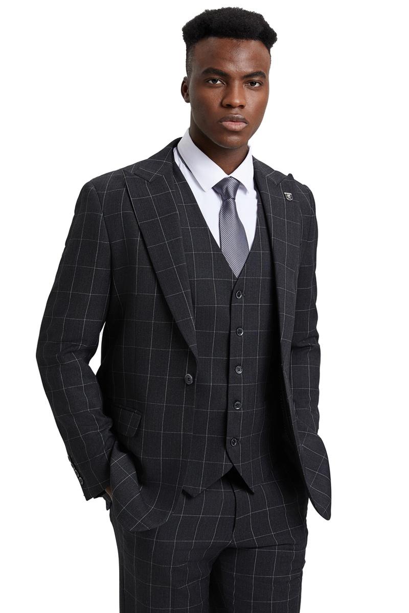 Men's Stacy Adams Vest Classic Bold Windowpane Suit in Dark Charcoal Grey - Image 4