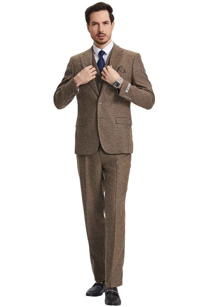 Men's Stacy Adams Vested Vintage Herringbone Tweed Suit in Light Brown - Image 4