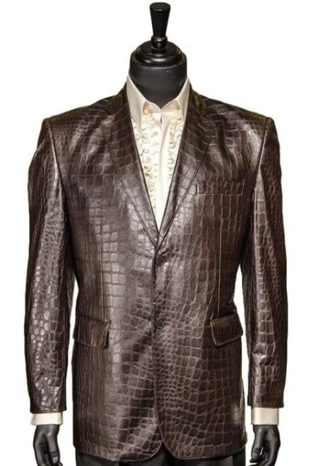 Zacchi Chocolate Brown Vegan Faux Leather Croc Pattern 2 Buttons Casual Blazer