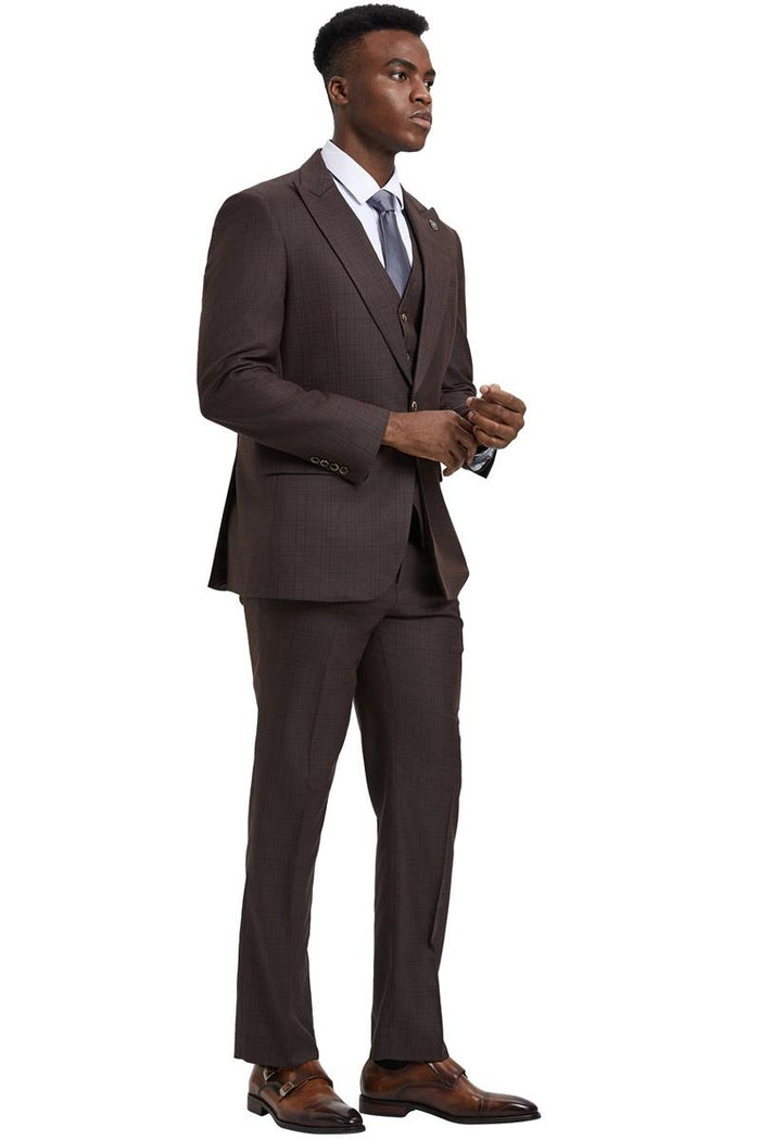 Men's Stacy Adams Vested One Button Wide Peak Lapel Windowpane Plaid Suit in Brown - Image 3