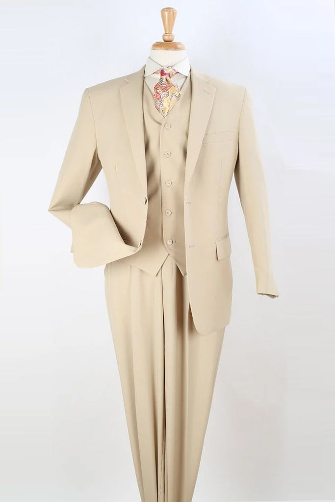 Apollo King Designer Brand + Mens Two Button Classic Fit Vested Suit in Tan