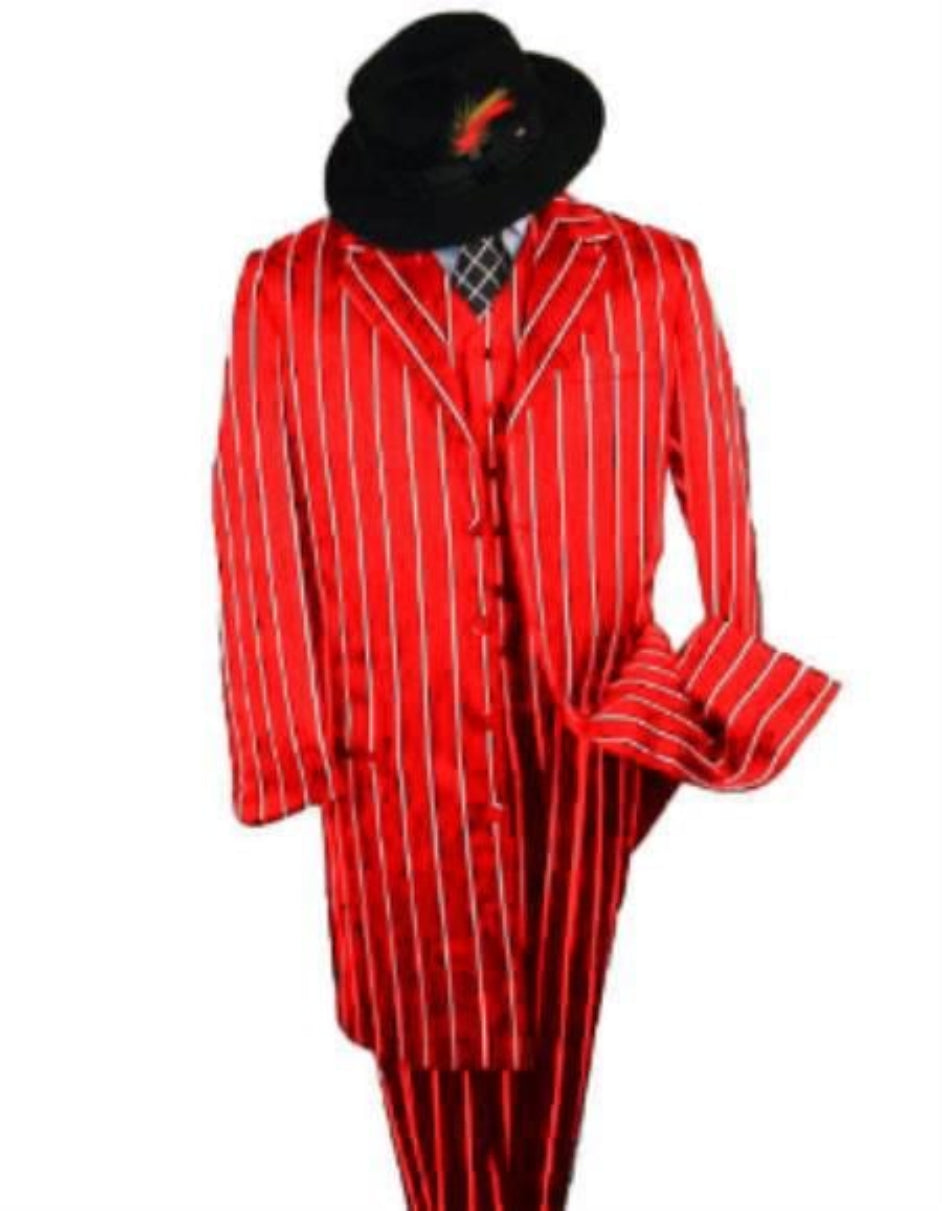WTXZoot200 Zoot Suit - Pimp Suit - Zuit Suit AMM282 SHIMMERY GANGSTER Black And Bold Pronounce Red ~ White Pinstripe Fashion Long Pre Order September/1/2020