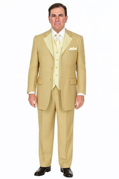 Luxury Beige Pinstripe 3-Piece Suit – Italian Inspired Formalwear