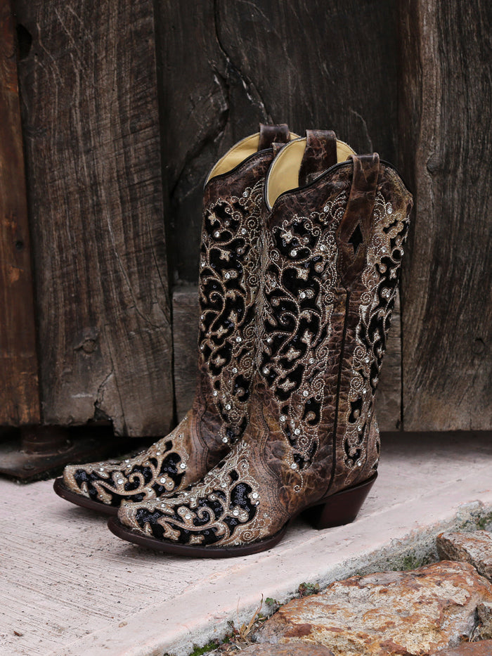 Corral Women's Black Glitter Inlay Crystal Snip Toe Cowboy Boots - Image 5
