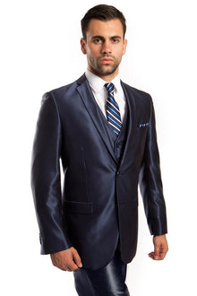 Graduation Suit - Men's Two Button Vested Shiny Sharkskin Wedding & Prom Fashion Suit in Navy Blue