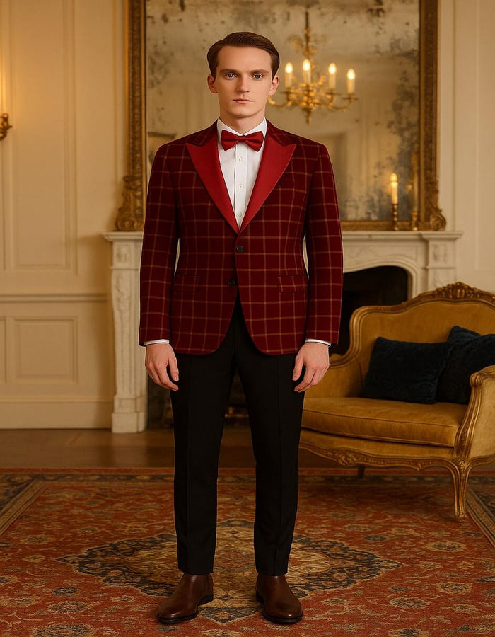 Men's Red Velvet Plaid Blazer with Satin Lapel – Designer Tartan Suit Jacket for Holidays and Events