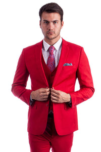 Graduation Suit - Men's Two Button Slim Fit Vested Solid Basic Color Suit in Red