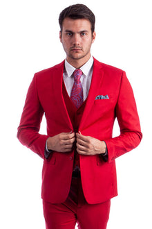 Graduation Suit - Men's Two Button Slim Fit Vested Solid Basic Color Suit in Red