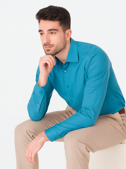 Affordable Clearance Cheap Mens Dress Shirt Sale Online Trendy - Slim Fit - Teal Color Men's Dress Shirt - Image 6
