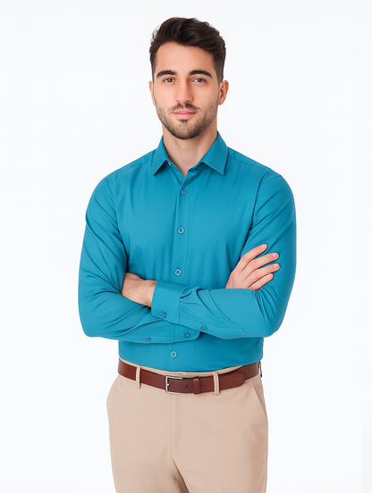 Affordable Clearance Cheap Mens Dress Shirt Sale Online Trendy - Slim Fit - Teal Color Men's Dress Shirt - Image 7