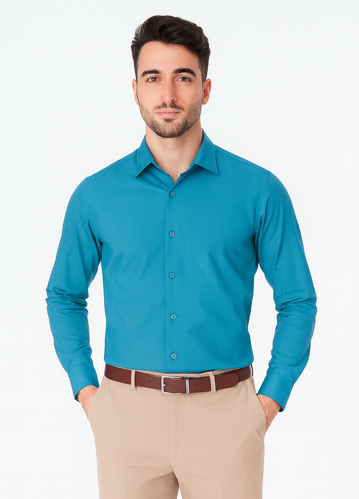 Affordable Clearance Cheap Mens Dress Shirt Sale Online Trendy - Slim Fit - Teal Color Men's Dress Shirt - Image 8