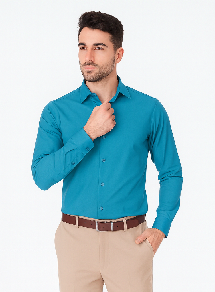 Affordable Clearance Cheap Mens Dress Shirt Sale Online Trendy - Slim Fit - Teal Color Men's Dress Shirt - Image 4