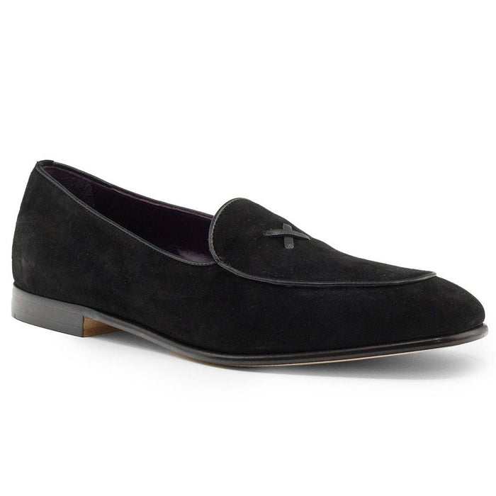 Zelli Hand-Stitched Sueded Goatskin Loafer with Crocodile Vamp in Black